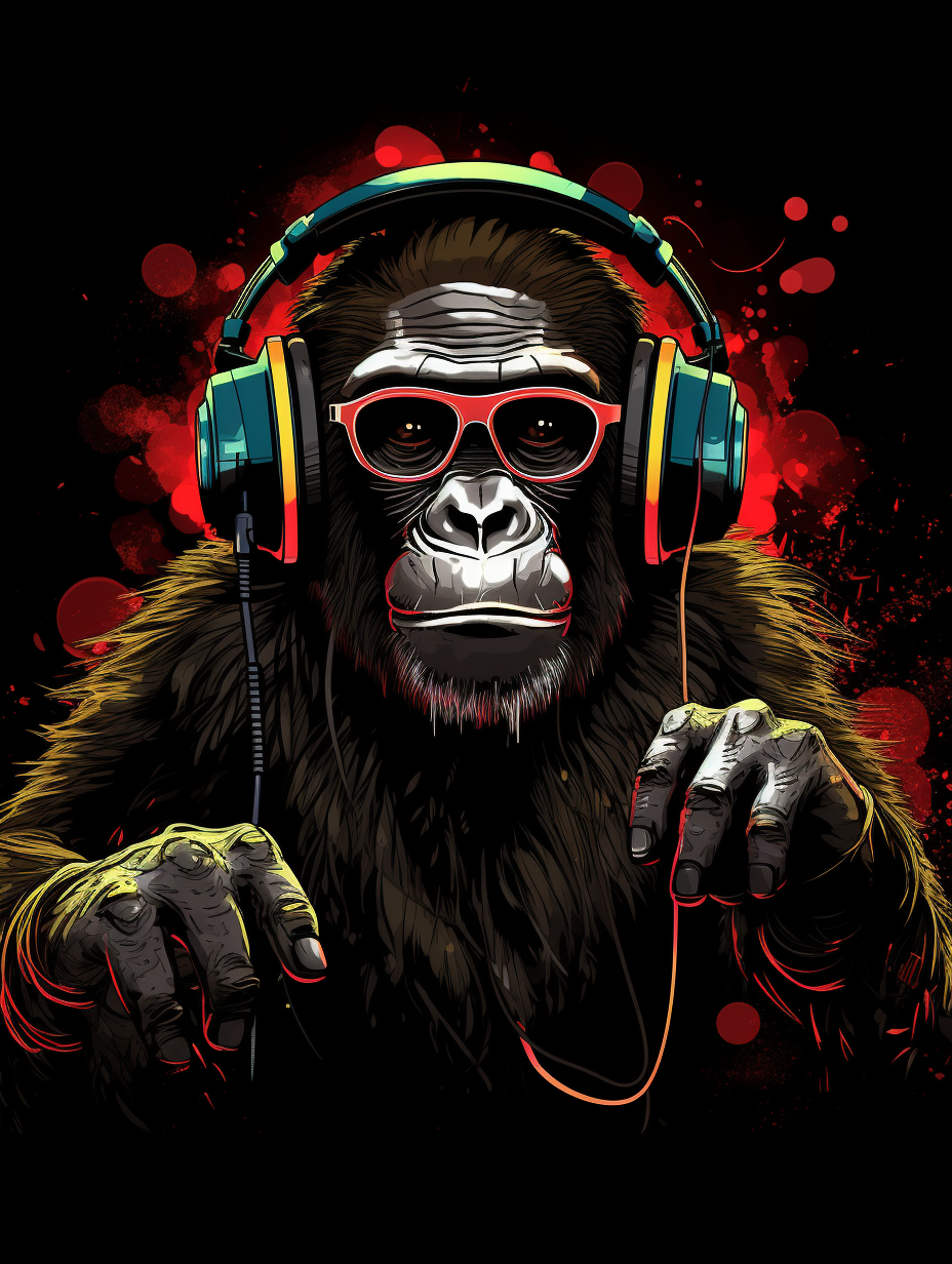 graphic t-shirt design of cool ape DJ