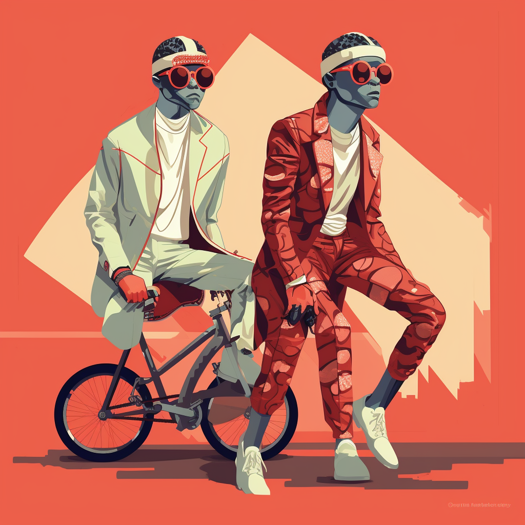 Chameleon teenagers in stylish streetwear on bikes