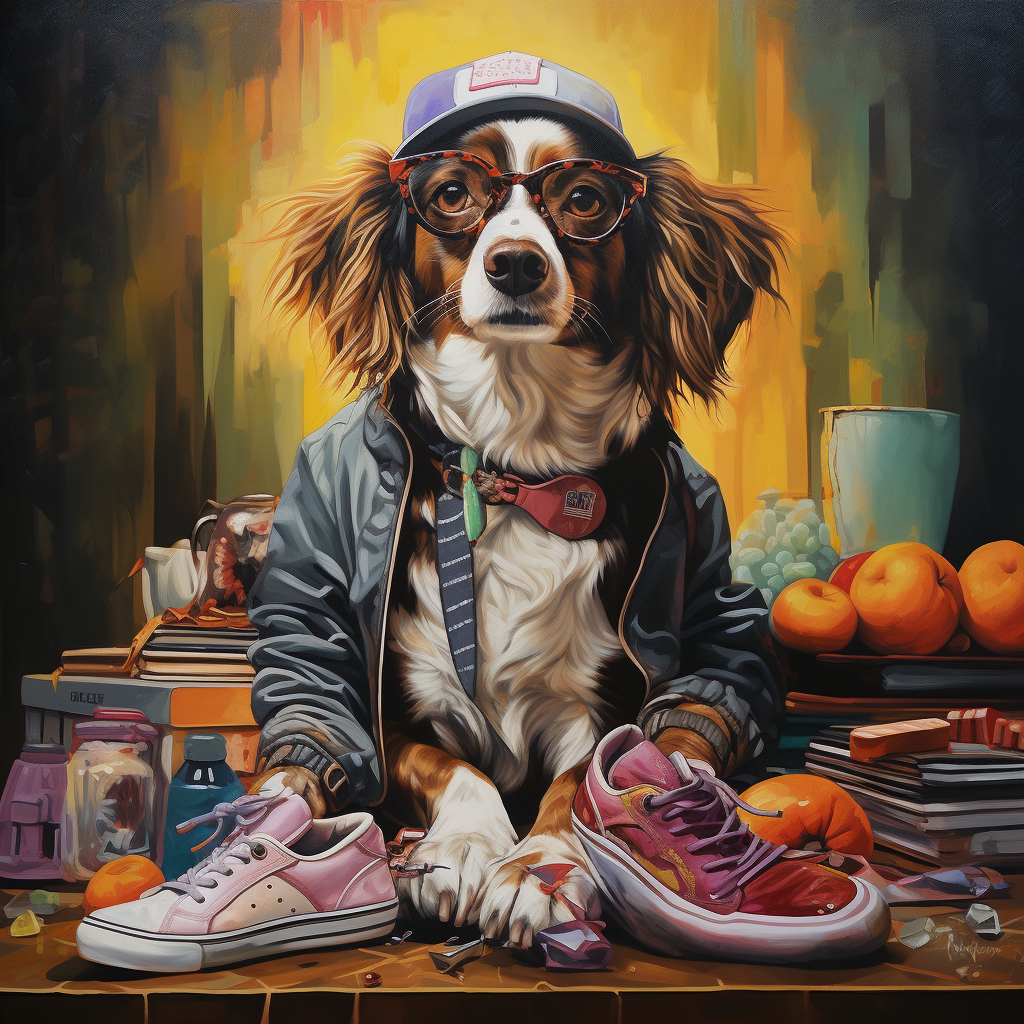 Cool dog eating sneakers photo