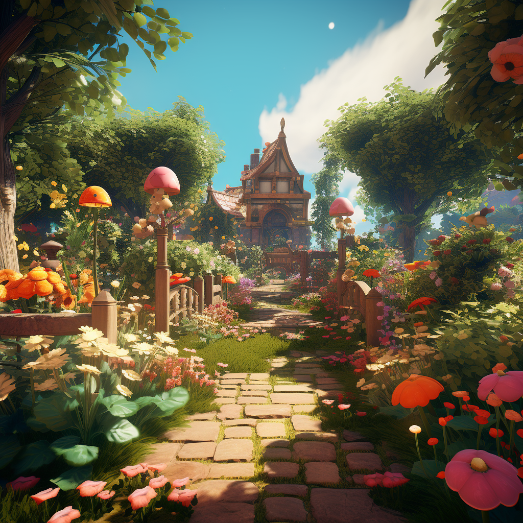 Beautiful garden in daylight with Nintendo video game