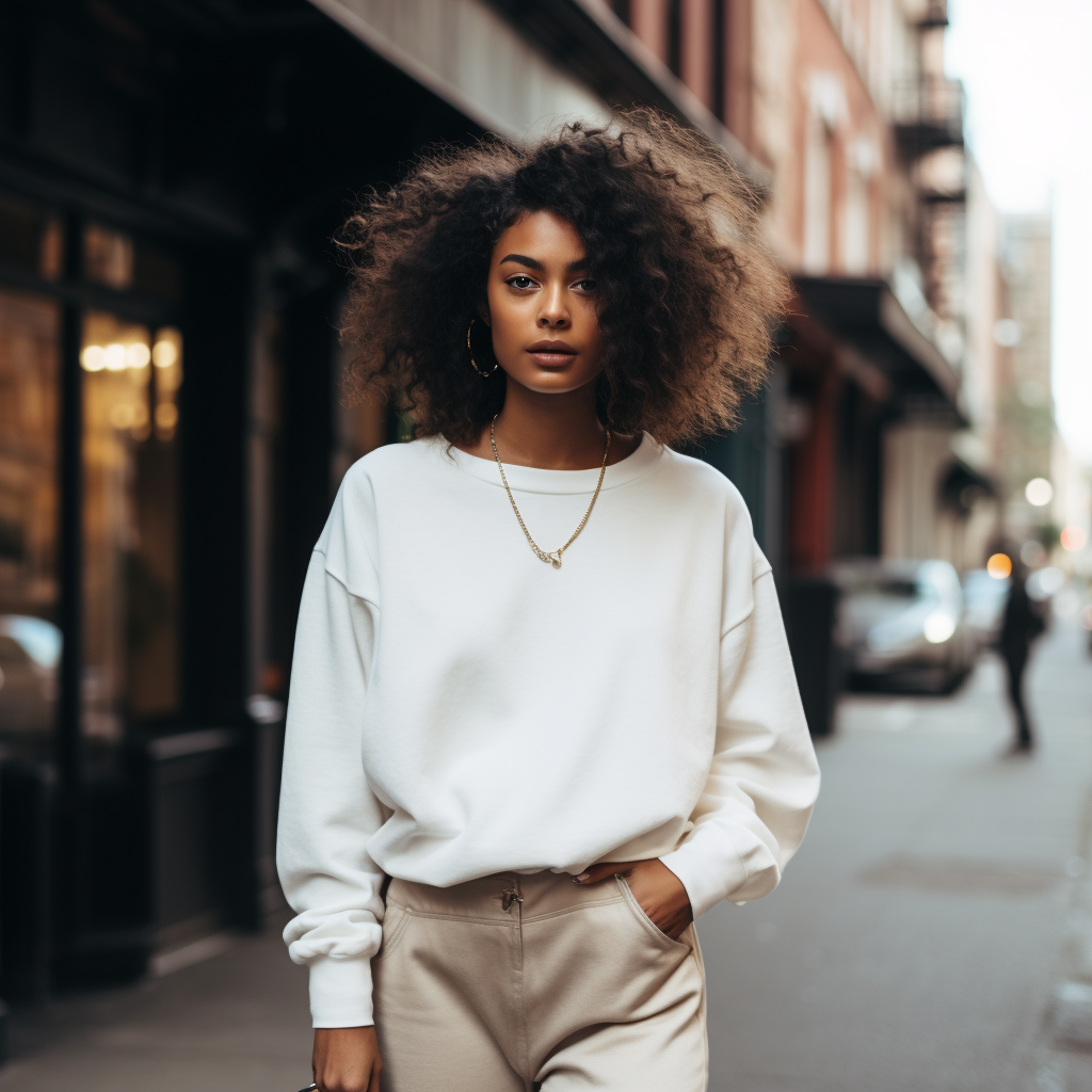 Fashionable girl with brown skin in white sweatshirt