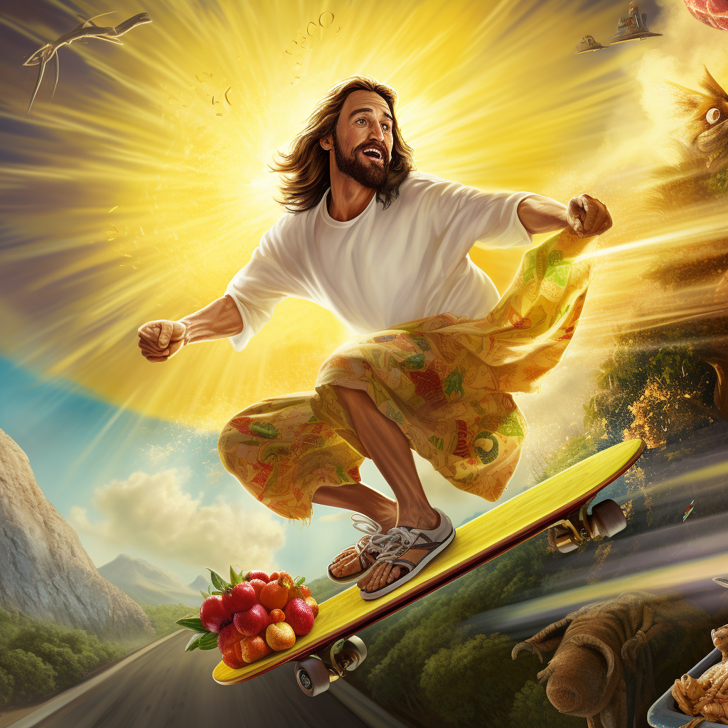 Cool Jesus Skateboarding delivering bananas to the homeless