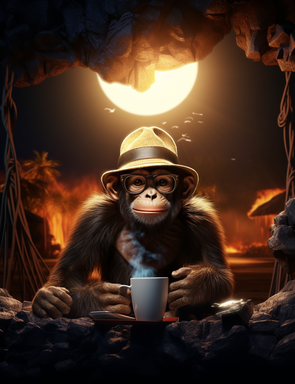 Cool Monkey with Hat and Glasses Browsing Internet