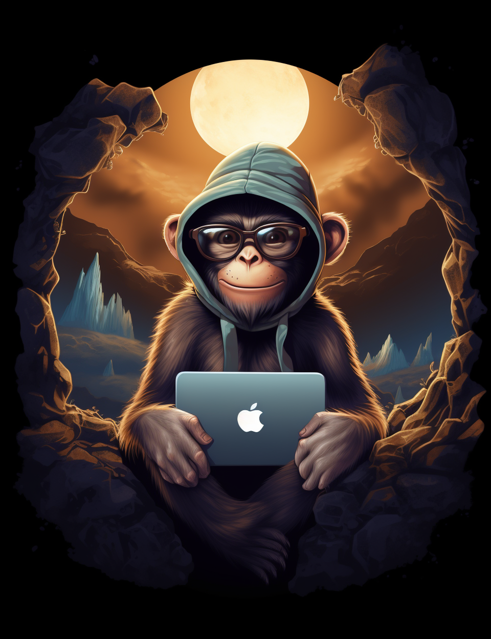 Cool monkey with laptop browsing internet