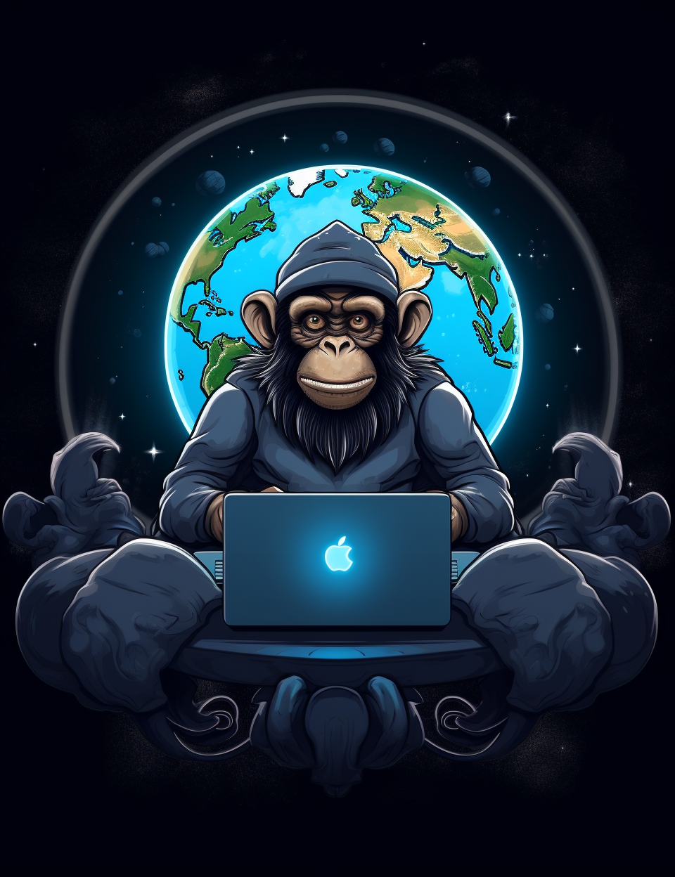 Cool monkey browsing internet with grey moon backdrop