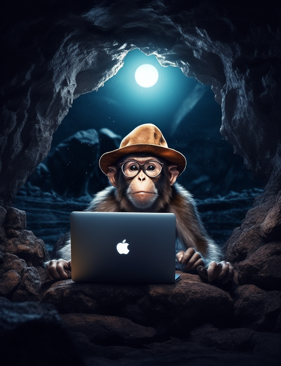 Cool monkey with hat and glasses browsing internet