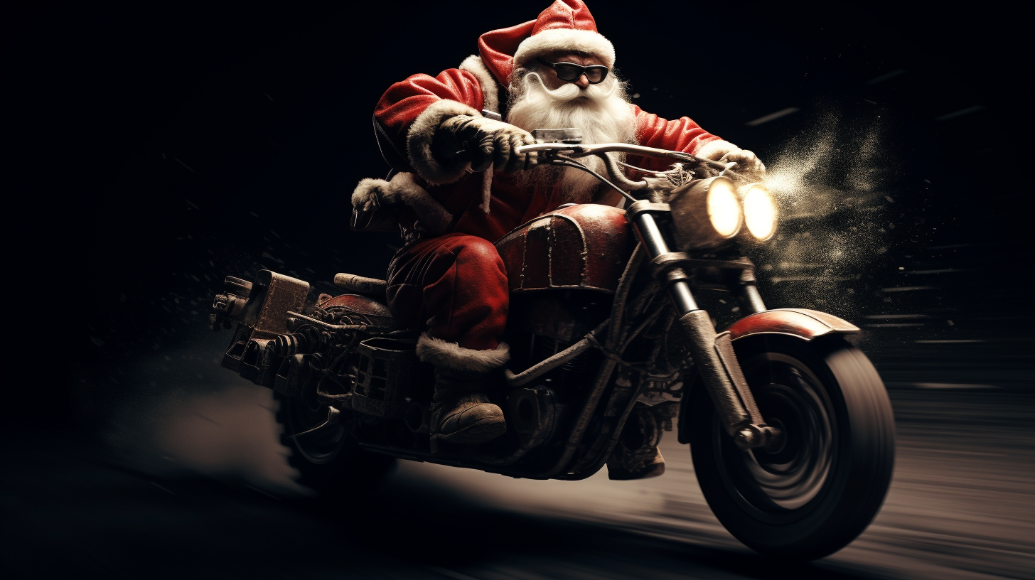 Santa Claus riding fast motorcycle