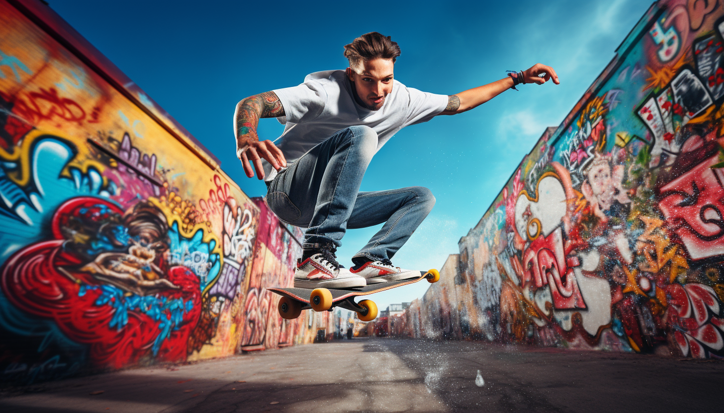 Skater mid-air with vibrant graffiti