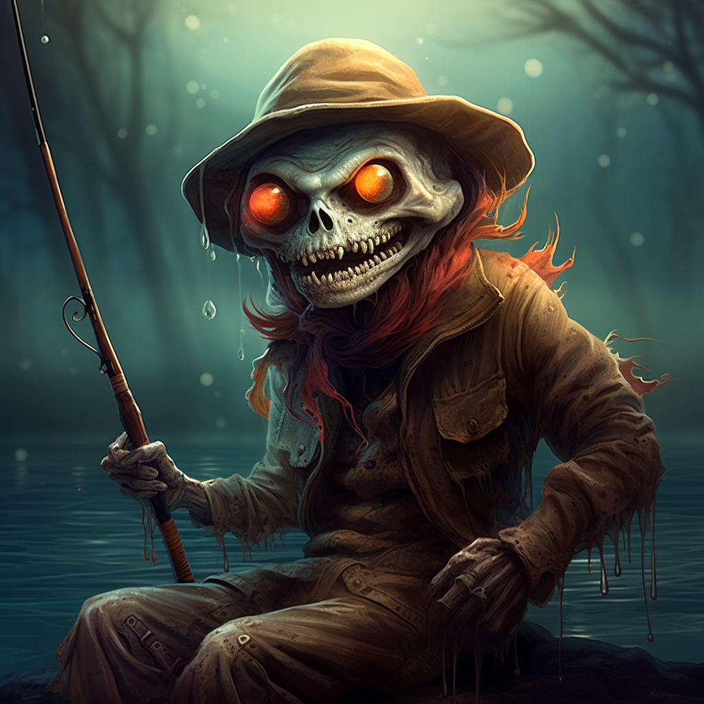 Skeleton wearing fishing hat