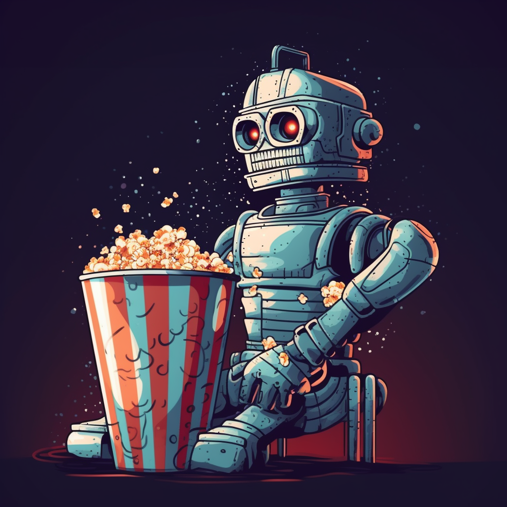 Cool robot enjoying a movie with popcorn