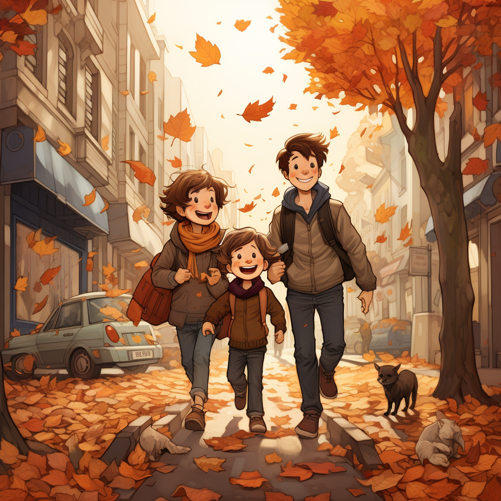 Cartoon family enjoying a walk