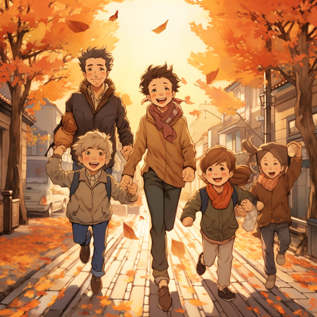 Smiling Japanese Family Walking on the Street