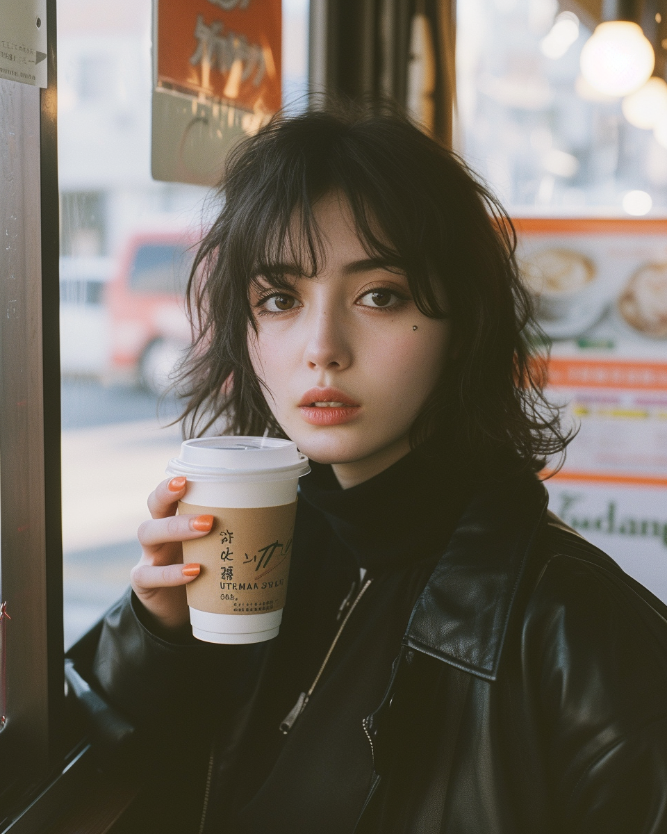 fashionable japanese woman drinking coffee