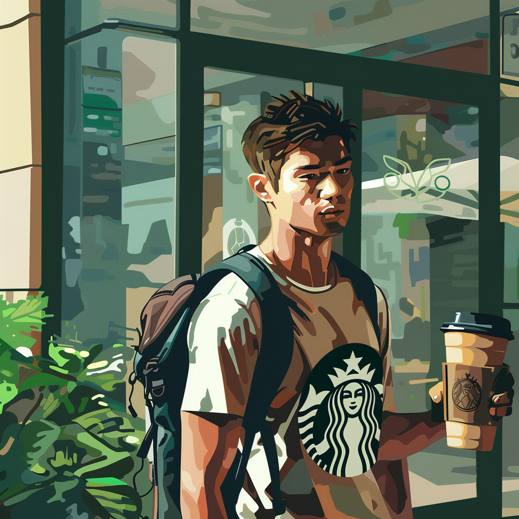 Cool guy meeting friend at Starbucks