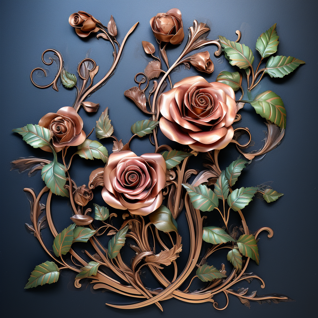 Copper Metal Sculpture Rose Leafs Creepers Wall Panel