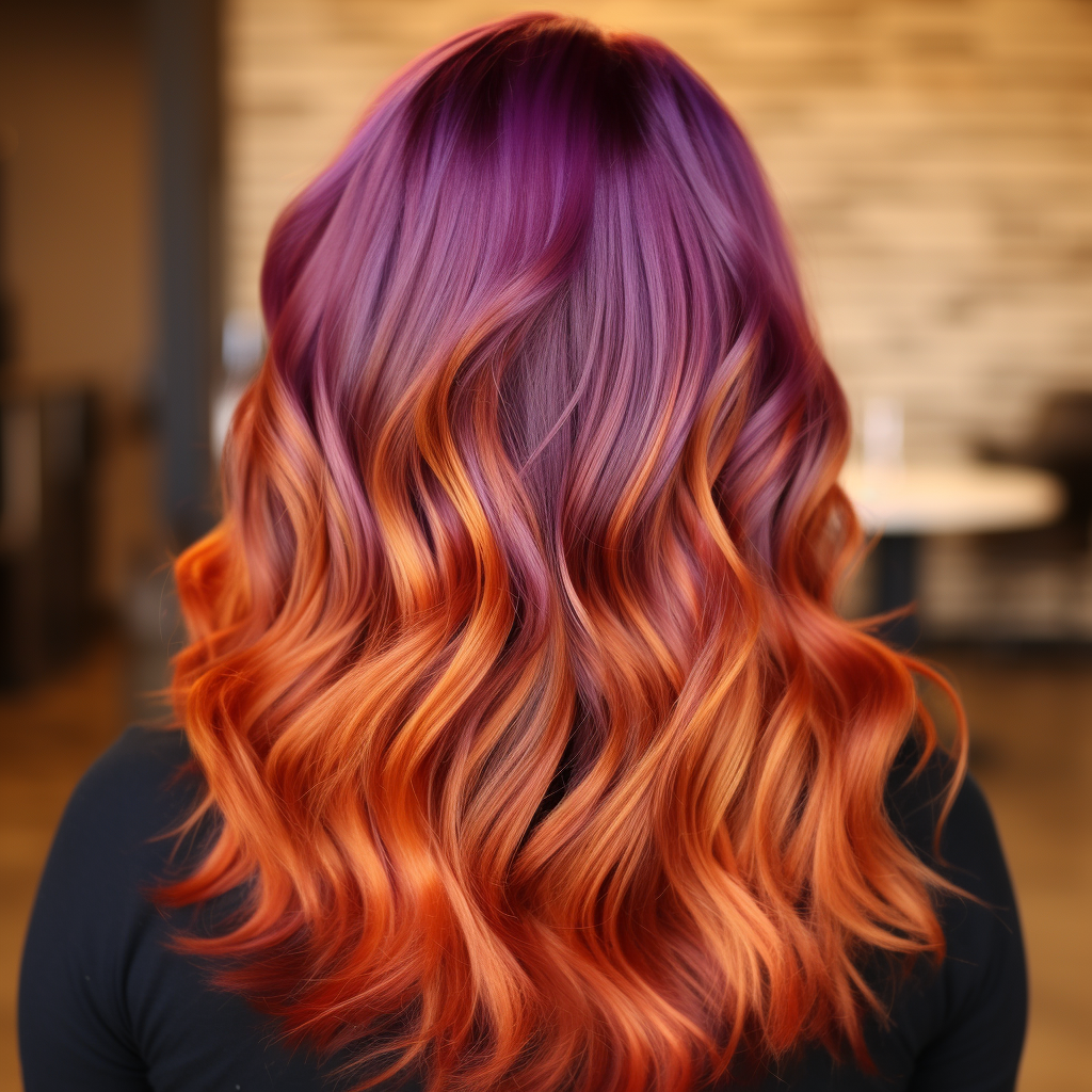 Vibrant highlights of copper, purple, orange, and silver on woman's hair