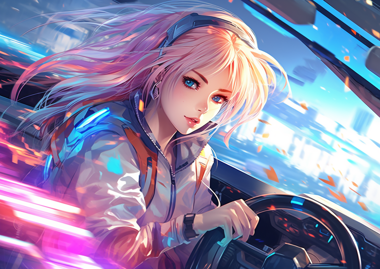 Coquettish beautiful futuristic anime girl police car chase