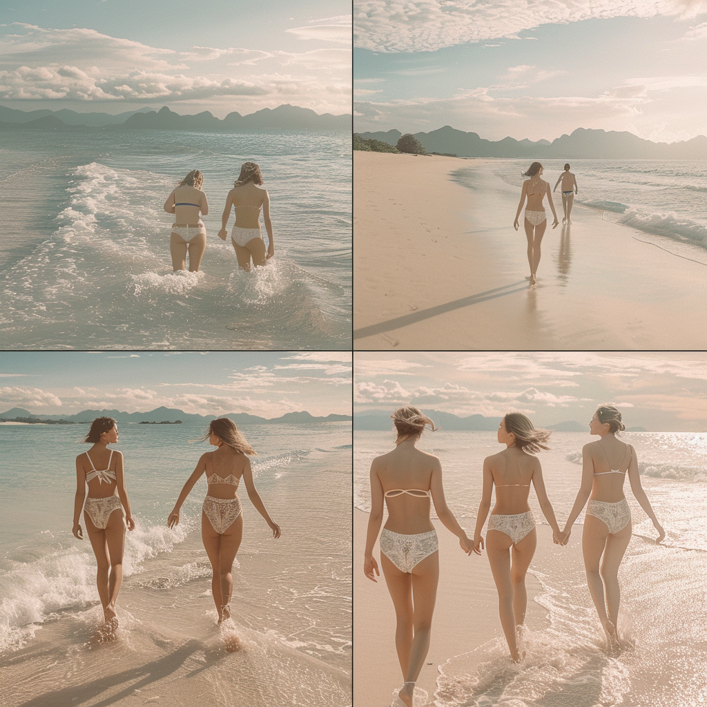 Four models walking on Coral Island beach in PENTI beachwear