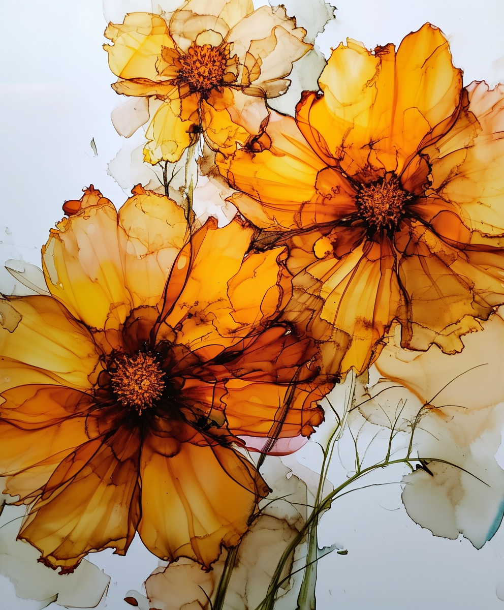 Vibrant Coreopsis Flowers in Alcohol Ink