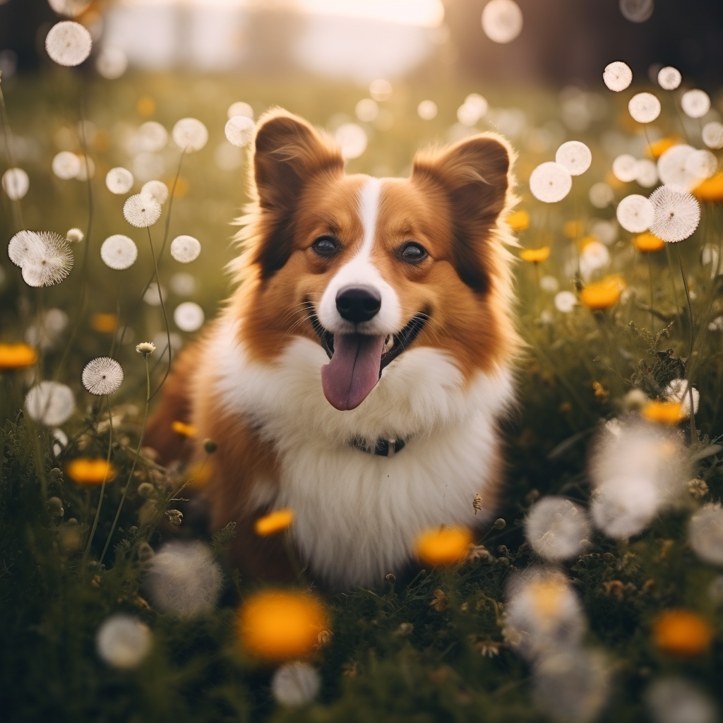 Cute Corgi-Australian Shepherd Dog in Dandelion Field