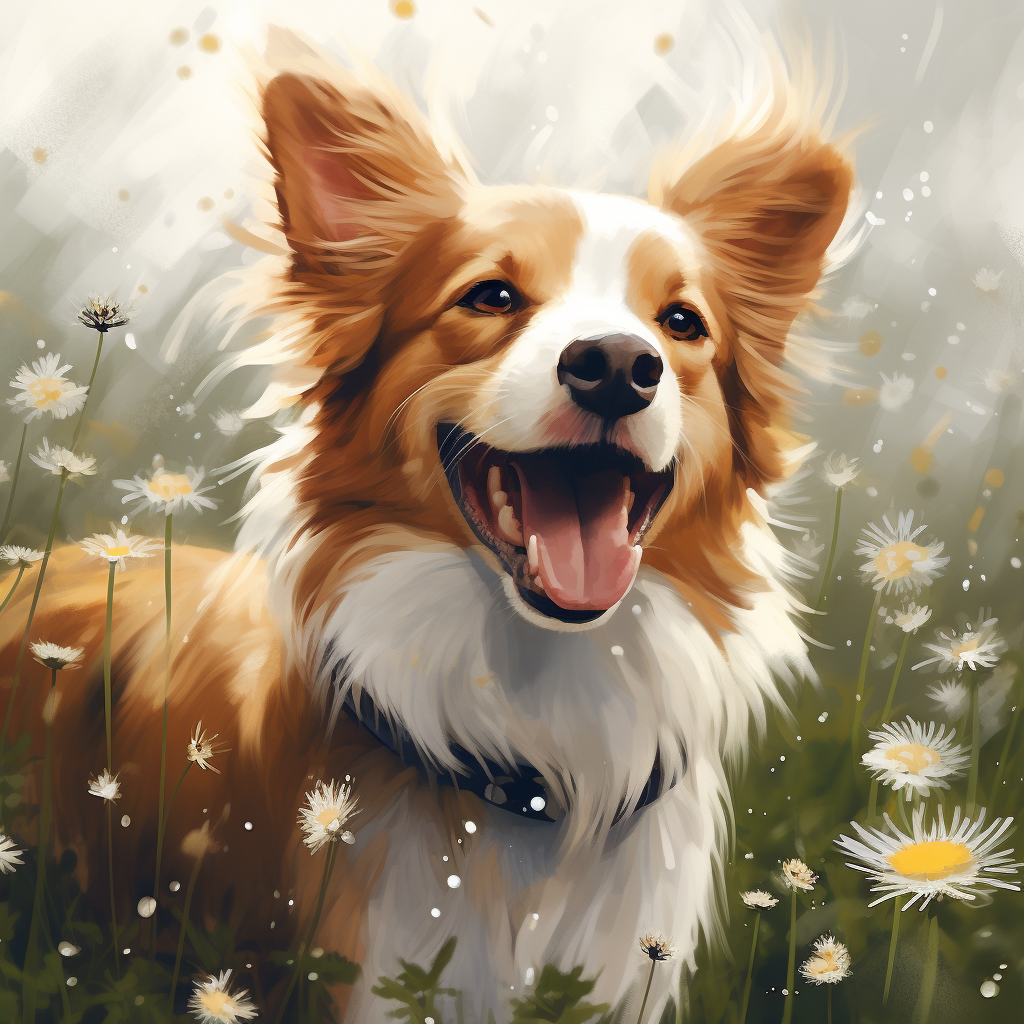 Cute Corgi Australian Shepherd Mix in Dandelion Field