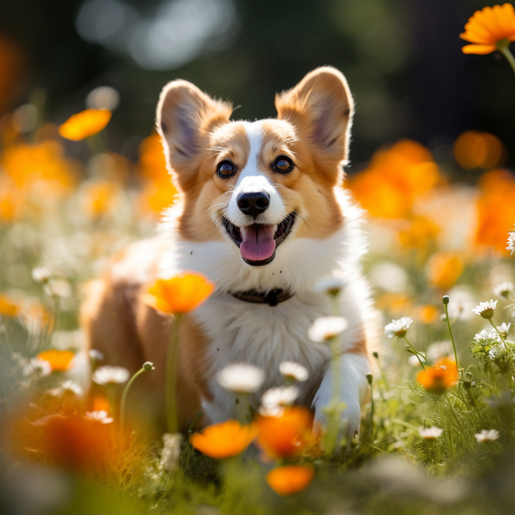 Corgi Australian Shepherd Mix in Dandelion Field