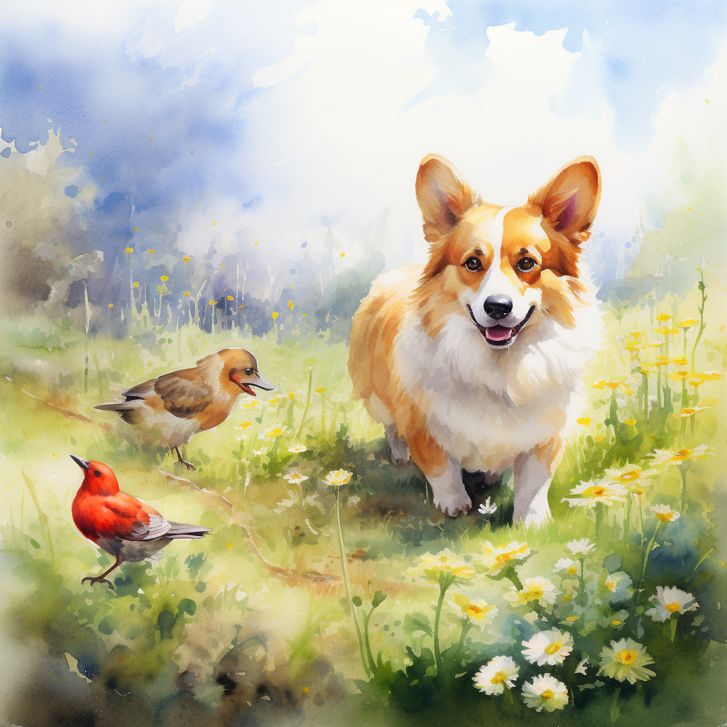 Watercolor painting of corgi and chicken in spring meadow