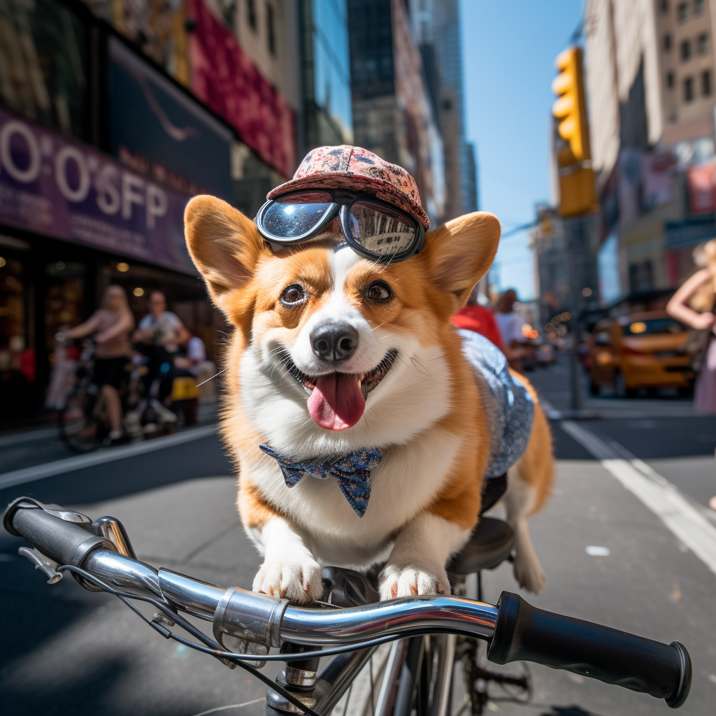 Corgi dog biking in Times Square