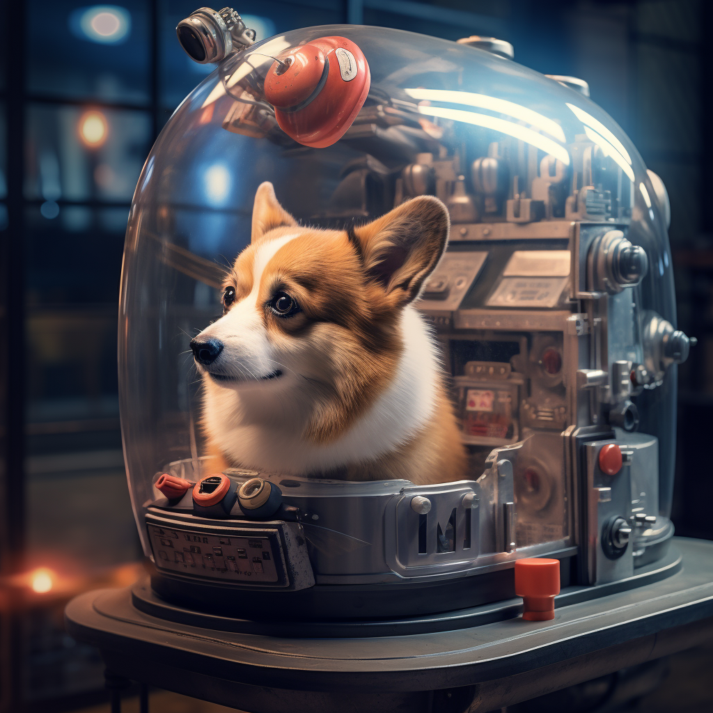 Adorable Corgi in Future Teleportation Machine with Helmet