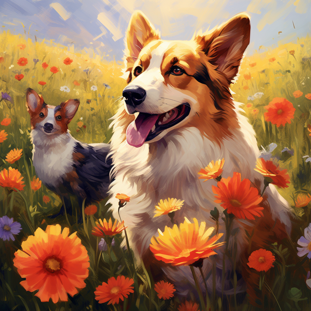 Corgi and Rooster Smiling in Meadow