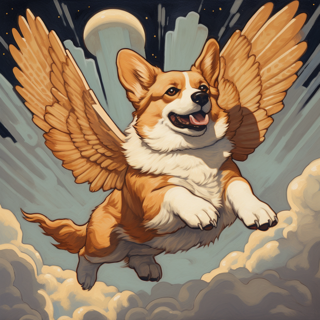 Playful corgi soaring through skies