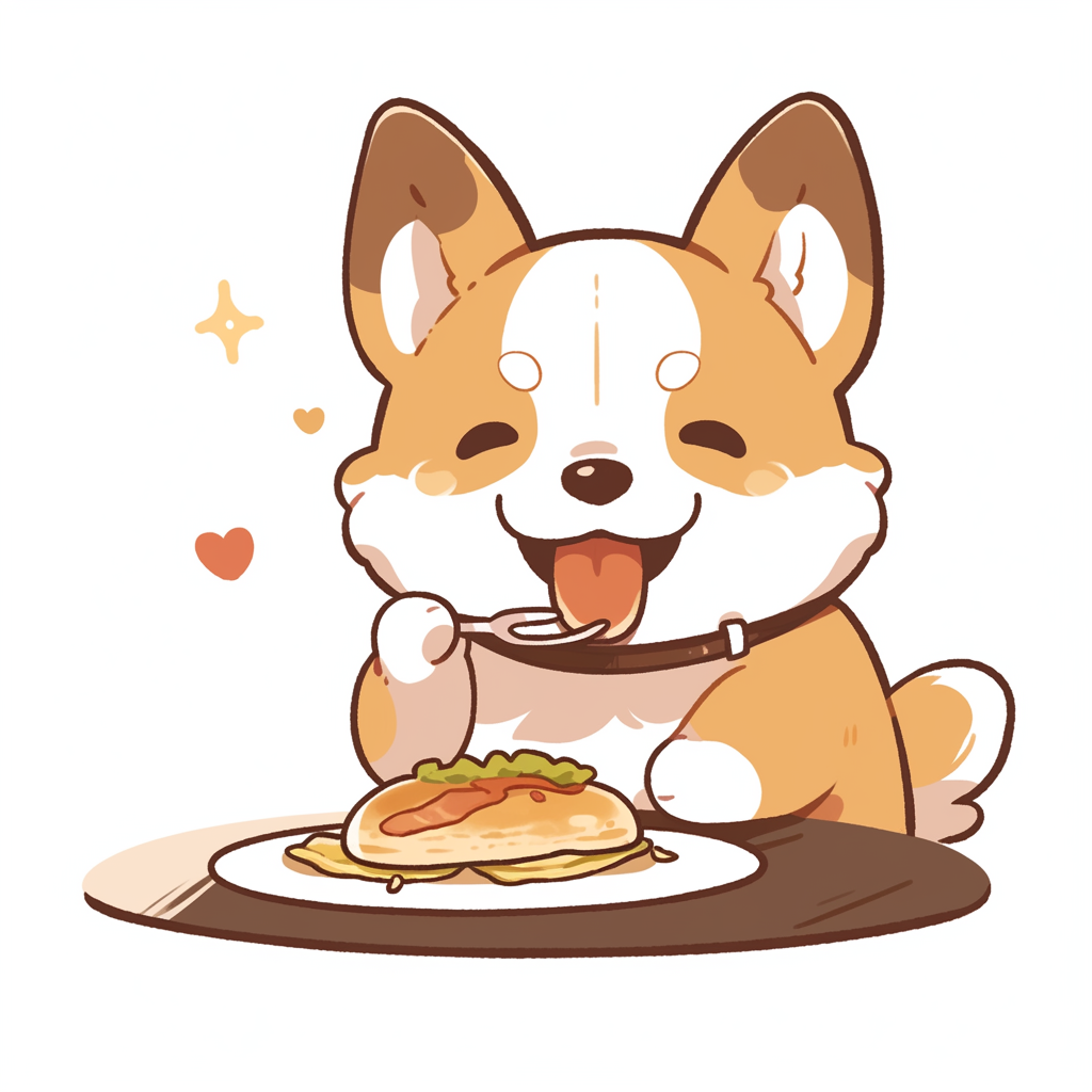 Corgi enjoying tasting food in restaurant attire