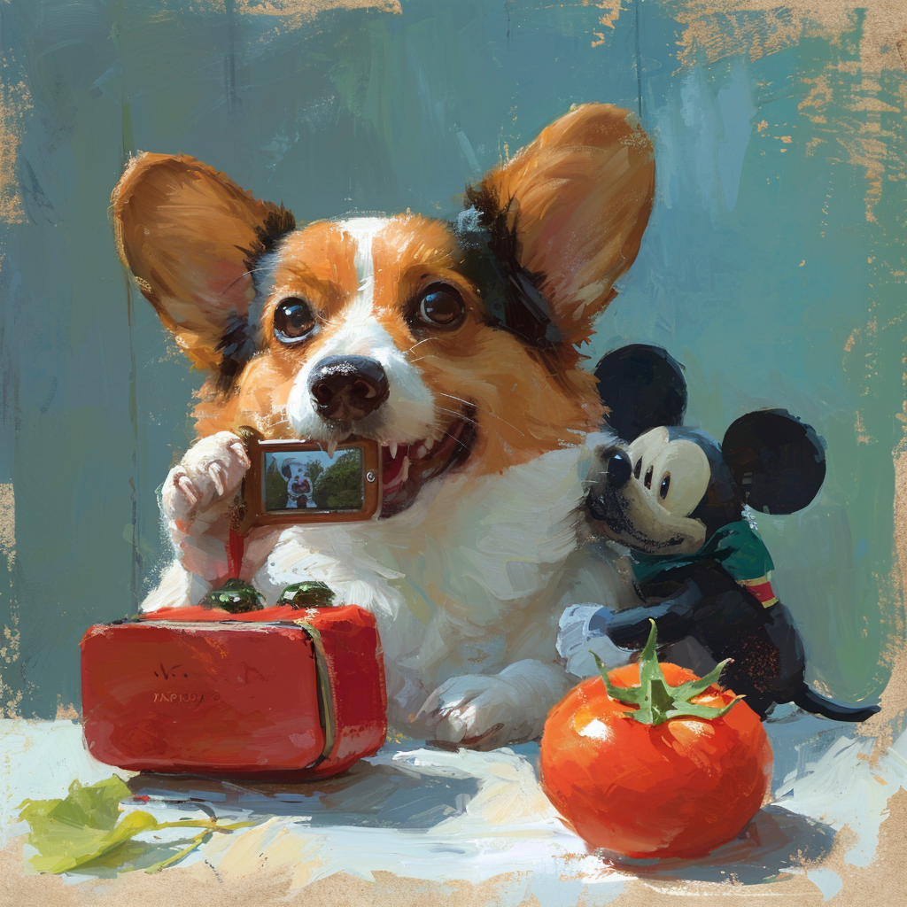 Adorable Corgie Photographing Tomato and Mickey Mouse