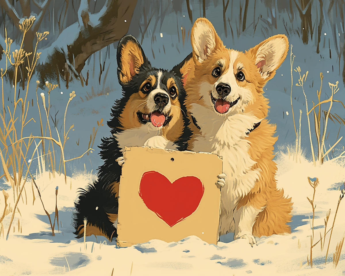 Corgis holding heart-shaped sign in snow