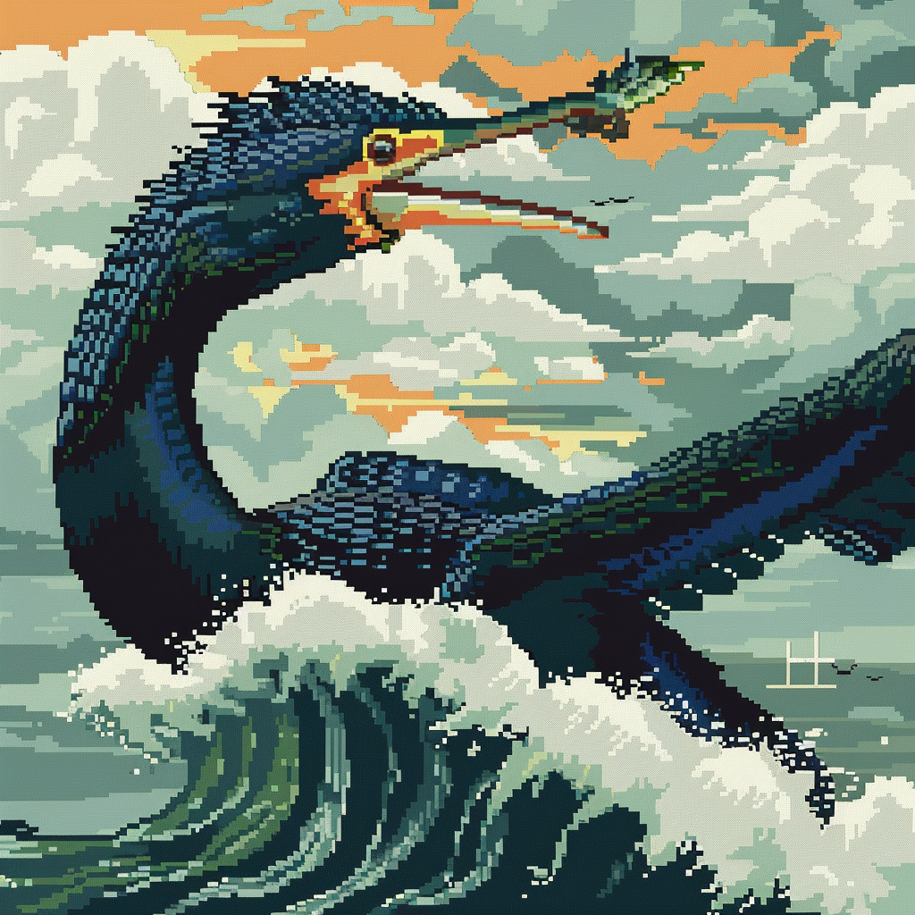 Cormorant fishing pixel art