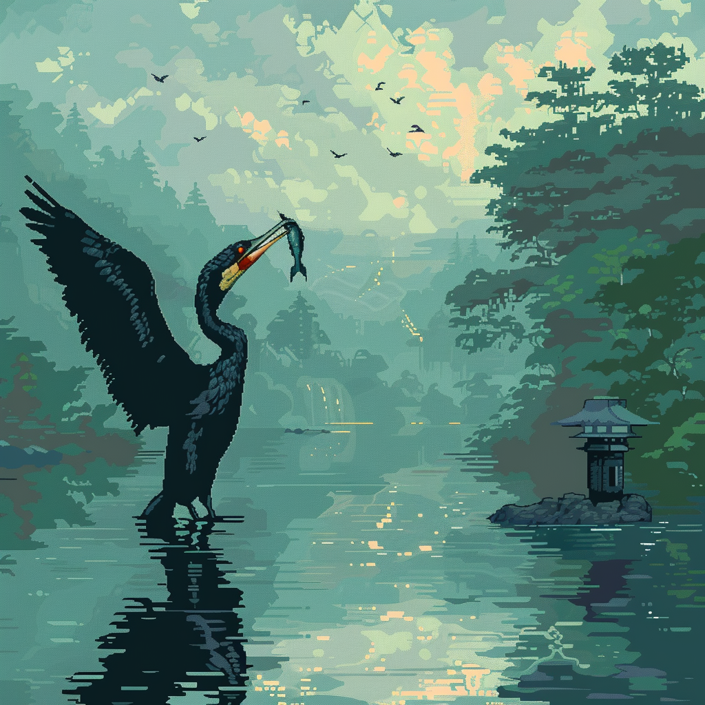 Pixel art of cormorant fishing