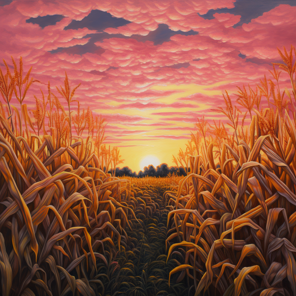 Vibrant pink sunset over detailed corn field painting