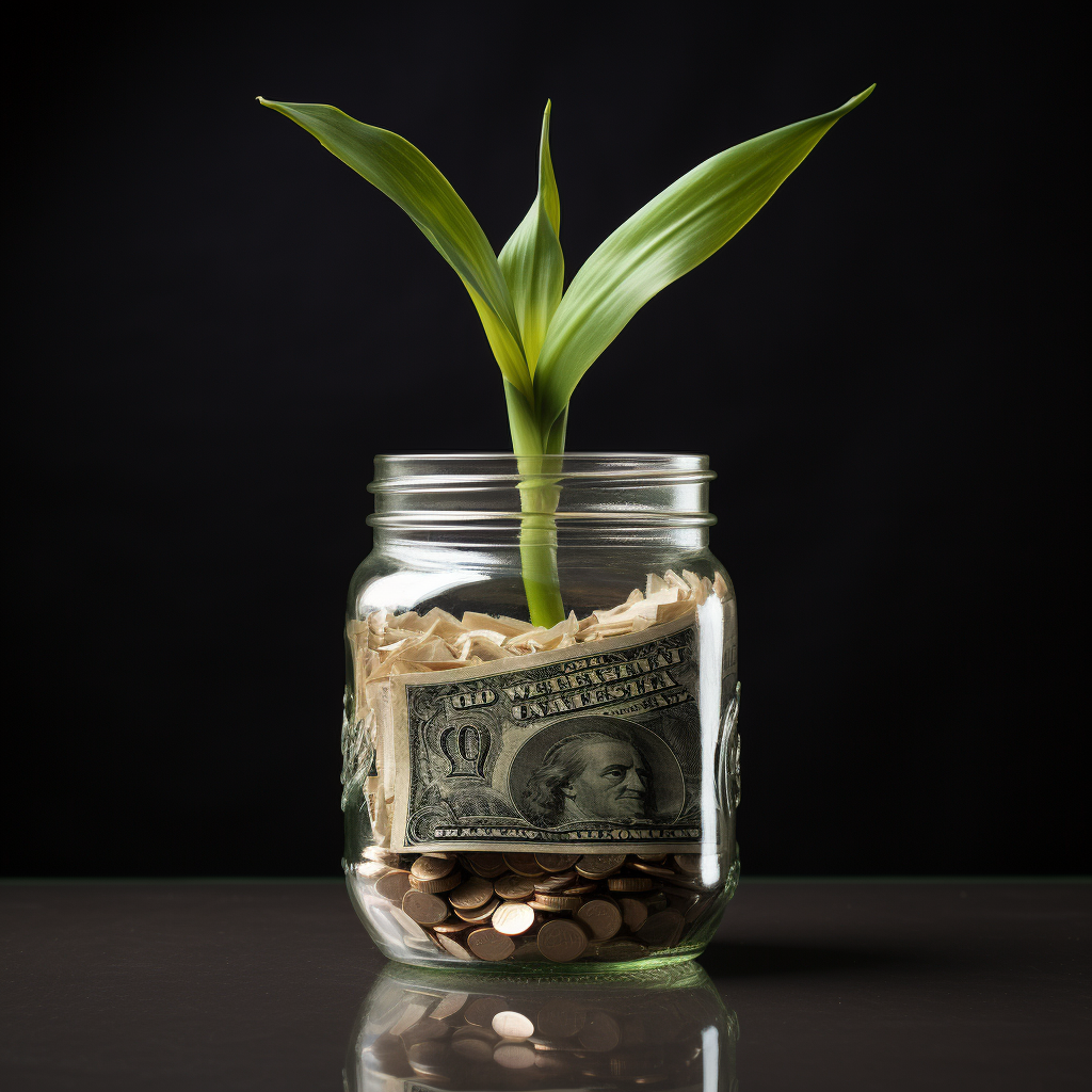 Corn plant growing money in jar