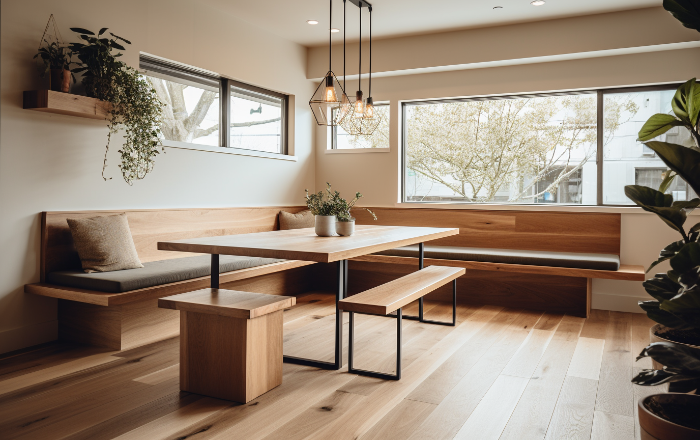 A room with corner bench seating, wood table, and spider plants