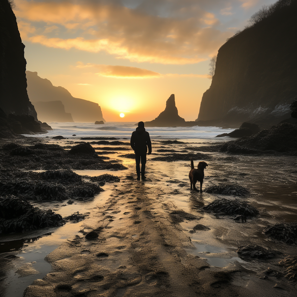 Lone dog walking on Cornish beach in winter