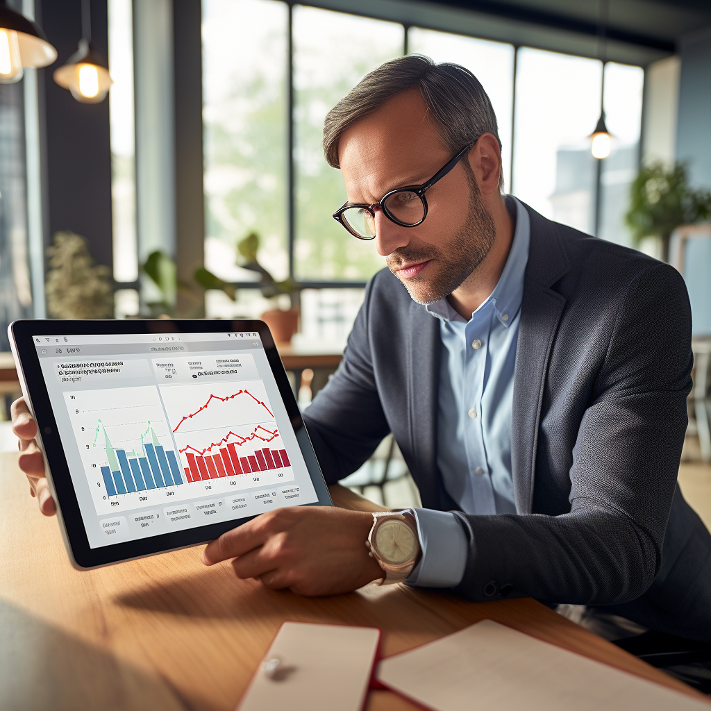 Corporate Executive using Data-Driven Dashboard on Tablet