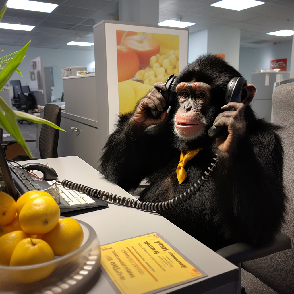 Corporate monkey in sales center talking on banana phone