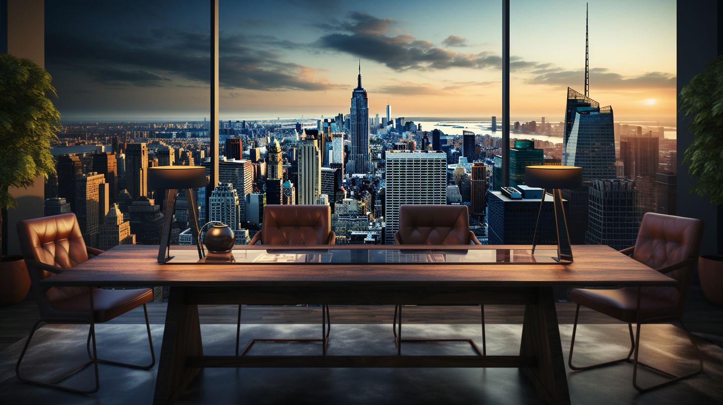 Corporate office decor with table, leather chairs, city view, and TV