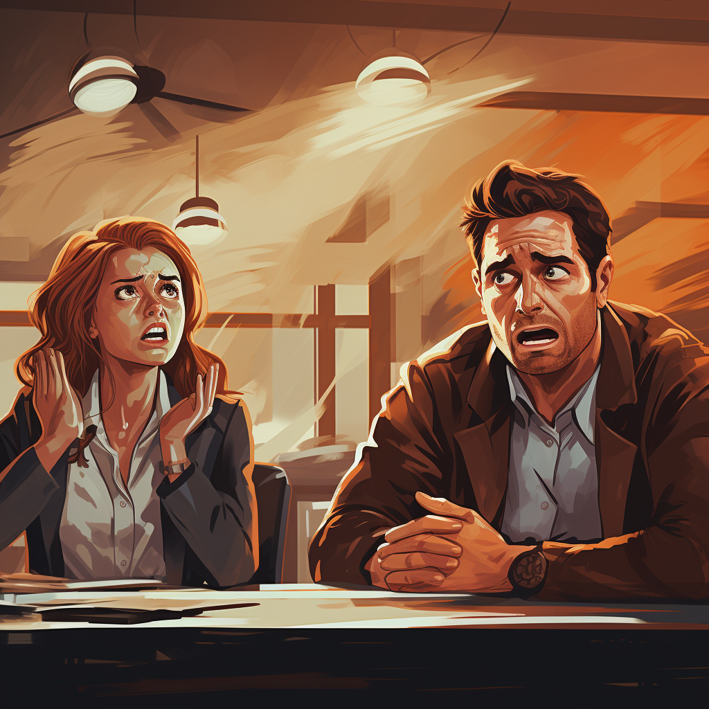 Corporate training meeting with happy man and upset women