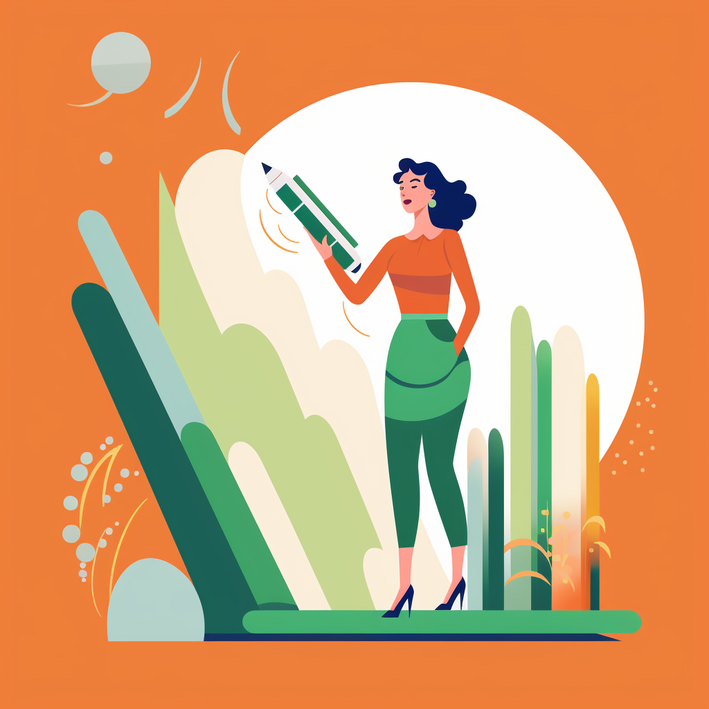 Woman holding giant pencil and notebook