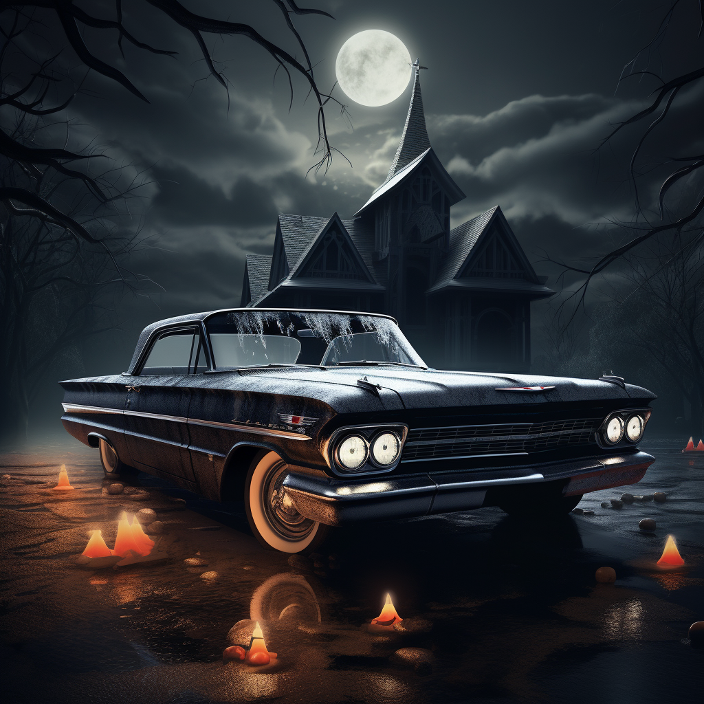 Haunted mansion with Corvair convertible