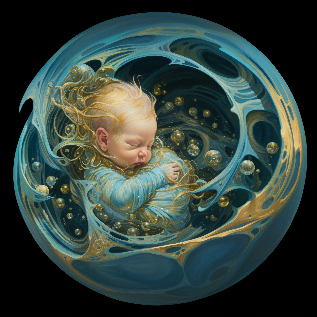 Cosmic Baby in Womb - Cyan, Gold & White