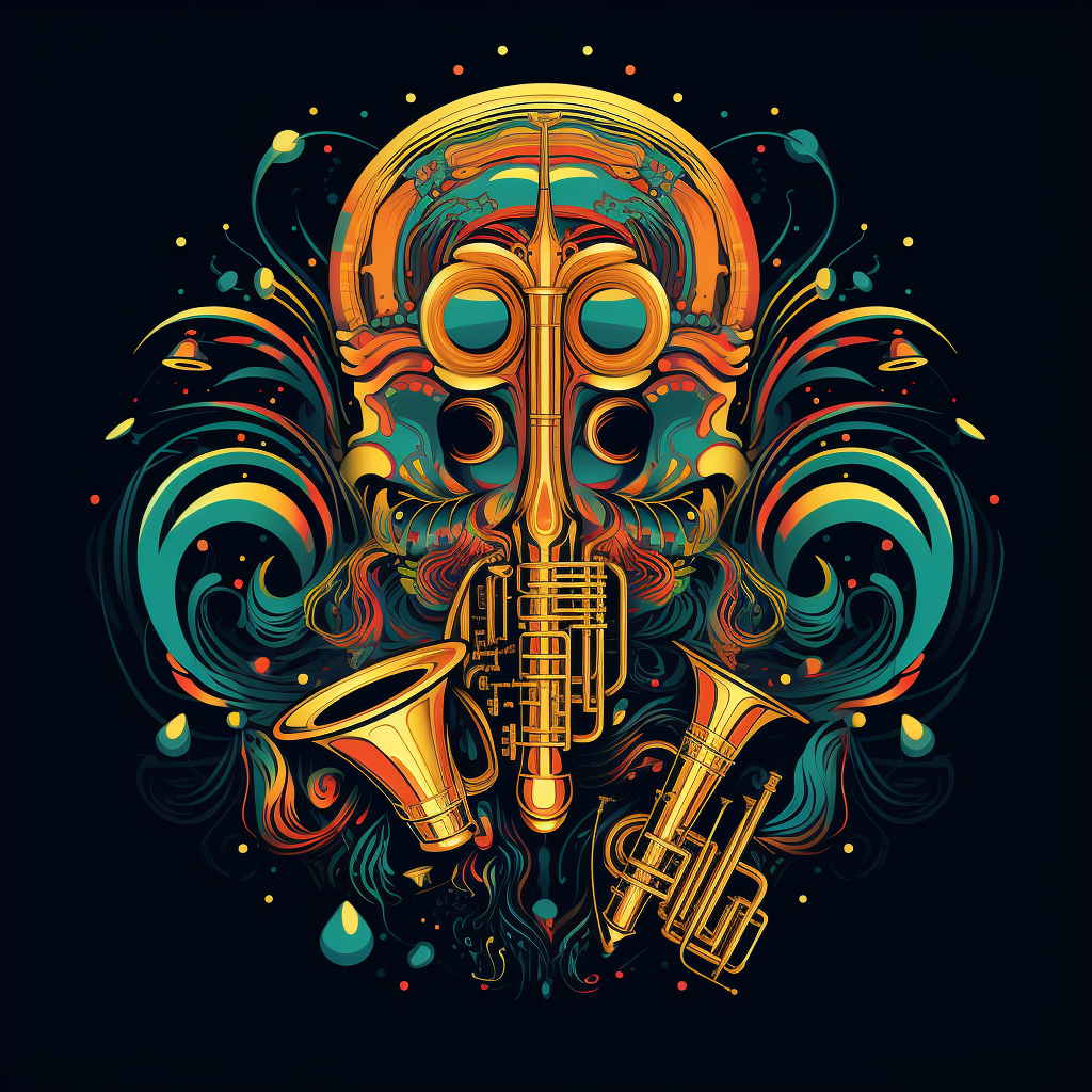 Psychedelic brass instrument beings spreading love and oneness