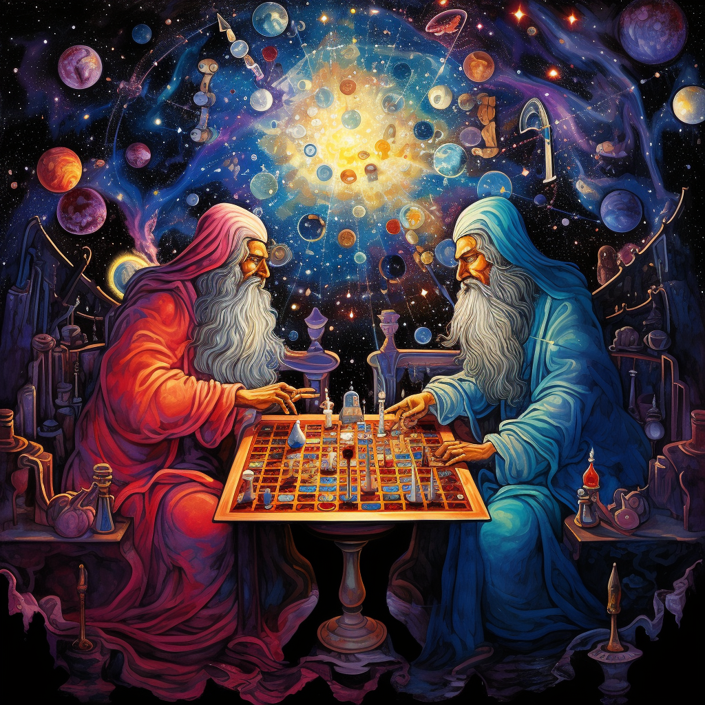 Divine Entities Engaged in Cosmic Chess Game