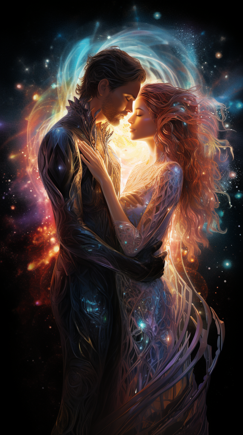 Spiritual couple radiating cosmic light